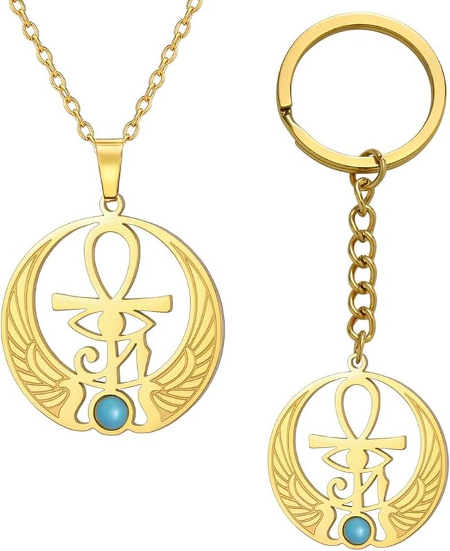 EUEAVAN Ankh Cross Eye of Horus Gemstone Necklace Key of Life Scarab Pendant Egyptian Goddess Isis Necklace Ancient Egyptian Protection Amulet Religious Jewelry for Women Men