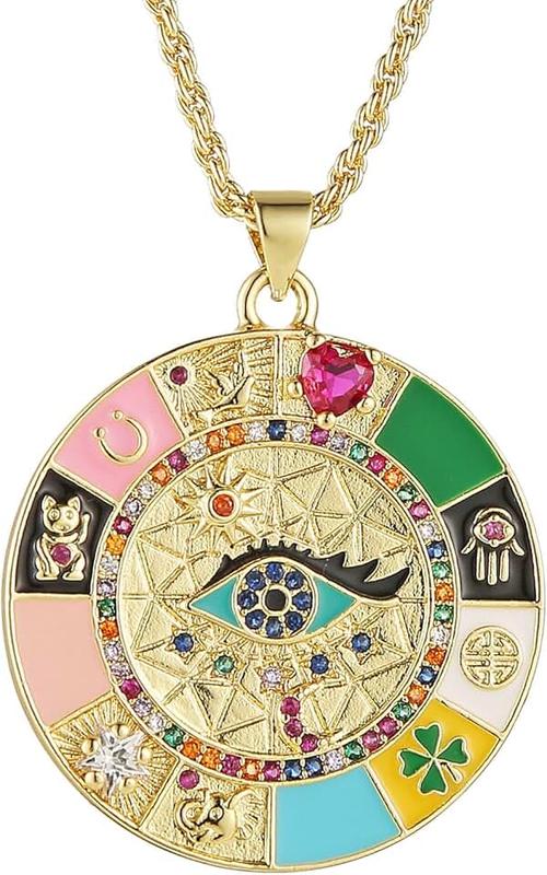 HZMAN Evil Eye Necklace for Women Retro Enamel 18K Gold Plated Round Medal Necklace Pendant Good Luck Amulet Jewelry Gift