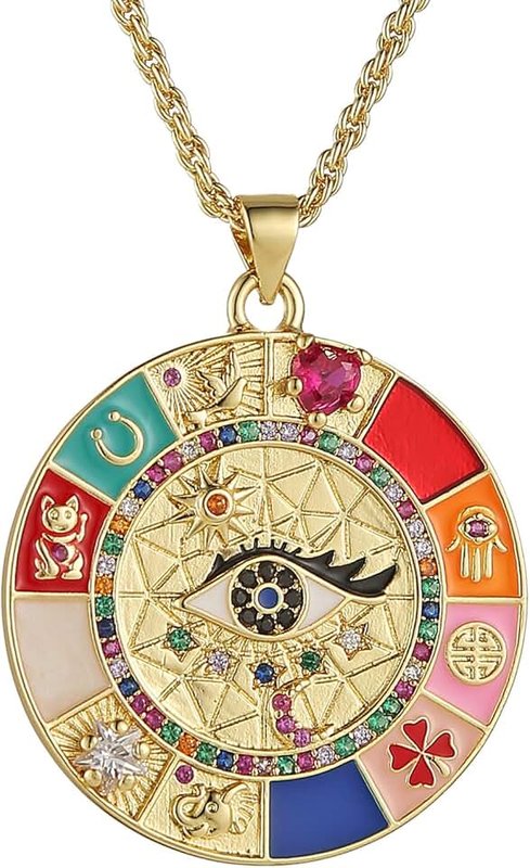 HZMAN Evil Eye Necklace for Women Retro Enamel 18K Gold Plated Round Medal Necklace Pendant Good Luck Amulet Jewelry Gift