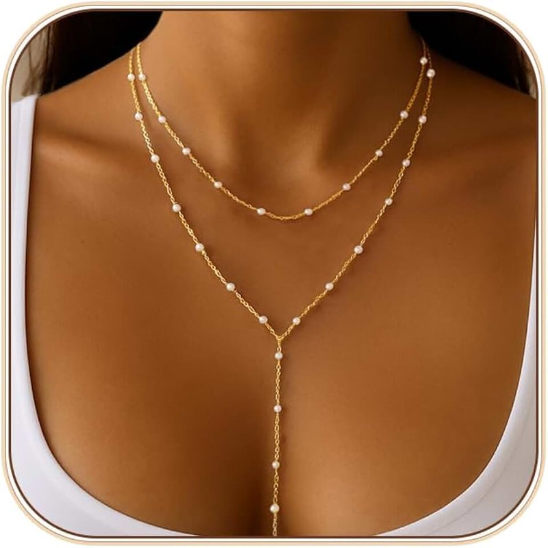 HAXIYA Lariat Gold Necklace for Women Dainty Long Necklace 14k Gold Plated/Silver Y-Shaped Pendant Drop Chain Trendy Layered Pearl/Beaded/CZ Necklaces Simple Gold Jewelry For Women Gift, 20 inches