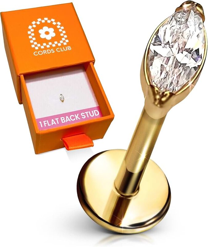 Cords Club Marquise Flat Back Stud – ASTM-F136 Implant Grade Titanium - Push Pin Design for Sensitive Ears – Available in 18K Gold Plated & Titanium Silver (Single Earring)