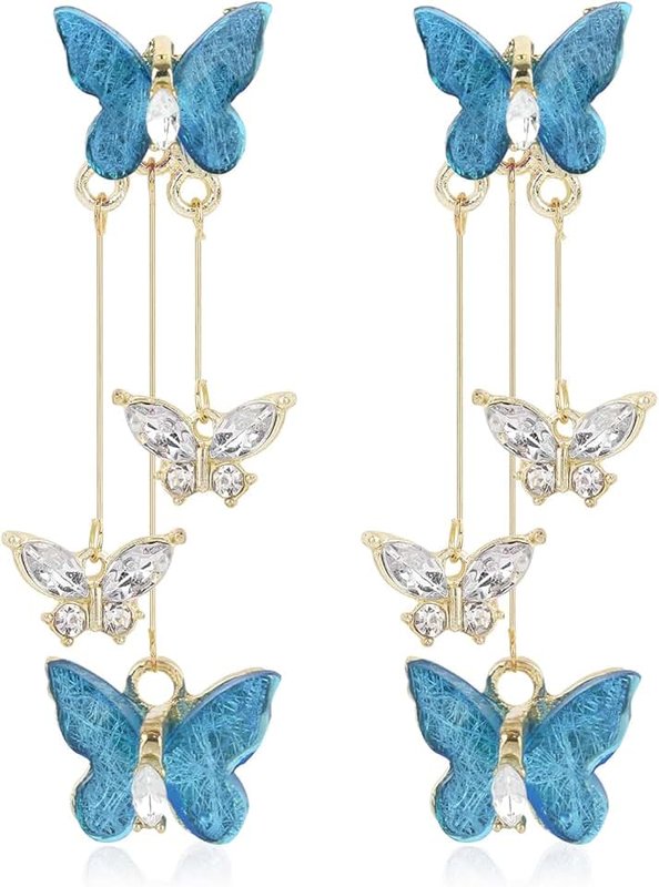 Mikovivi Butterfly Earrings, Blue Butterfly Tassel Earrings Crystal Rhinestone Dainty 3D Butterfly Drop Dangle Earrings Charm Jewelry for Singer Fans Concert Costume Wedding Christmas Birthday Gift, Medium,