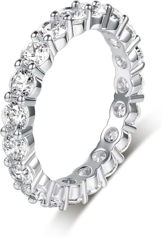 MDFUN 18K White Gold Plated Round-Cut Cubic Zirconia All-Around Band Ring Cocktail Jewelry for Women and Men
