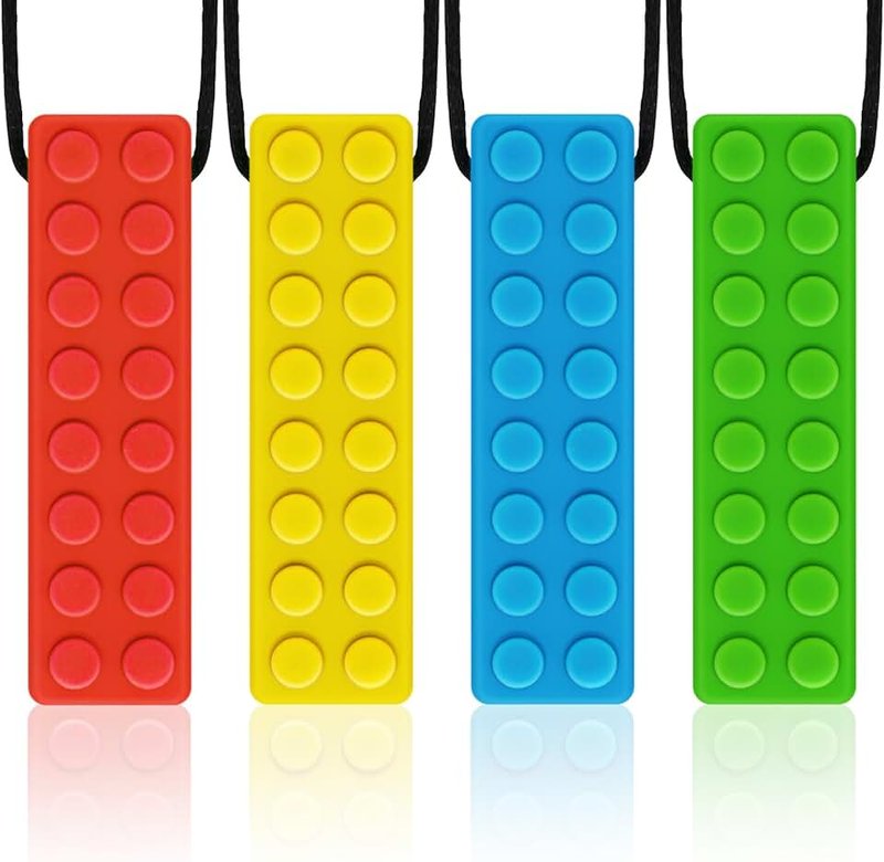 Silicone Chew Necklace Bundle for Kids with Teething, ADHD, Autism, BPA Free, PVC Free, Phthalates Free, Red, Yellow, Blue, Green