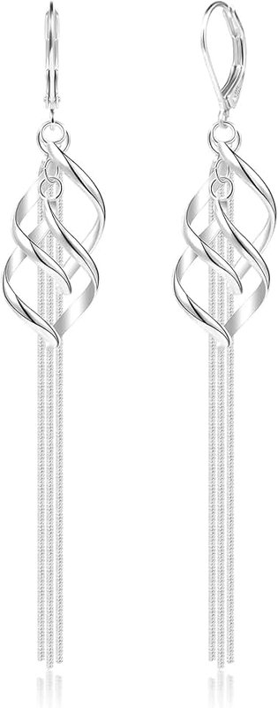 ALEXCRAFT 925 Sterling Silver Long Hanging Earrings, 925 Sterling Silver Drop Earrings Hypoallergenic Crooked Leaf Drop Dangle Earrings Long Snake Chain Tassel Earrings for Women