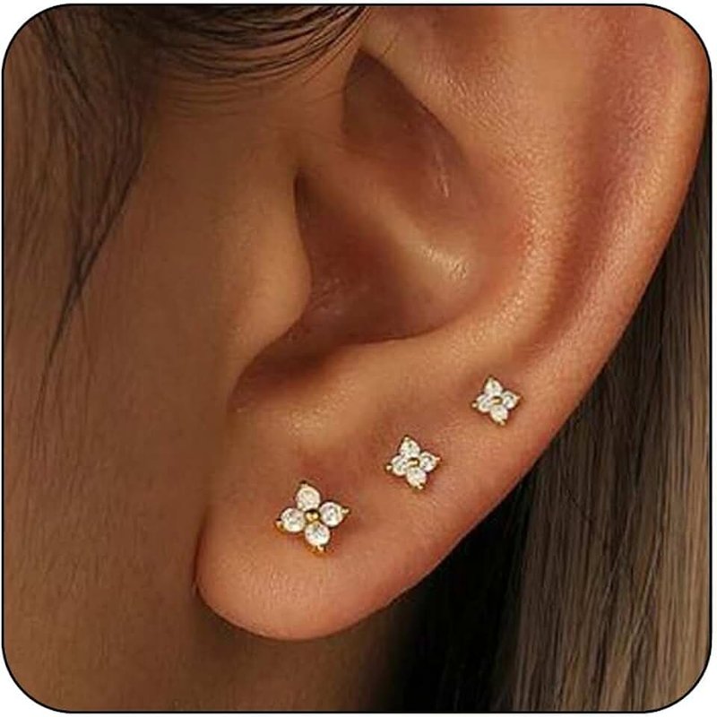 Lunvky 3 Pairs 14K Gold Plated Stud Earring Sets for Women Dainty 925 Sterling Silver Earrings for Multiple Piercing Tiny Cartilage Tragus Trendy Post Cute Earrings Stacks Jewelry Valentine Gifts