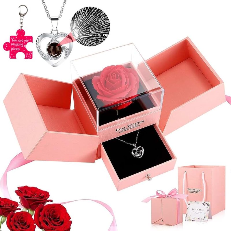 Zeihoo Preserved Red Real Rose with Heart I Love You Necklace -Eternal Flowers Rose Birthday Gifts for Women Her Mom Wife Girlfriend Grandma on Valentines Mothers Day Christmas Anniversary Romantic-Pink