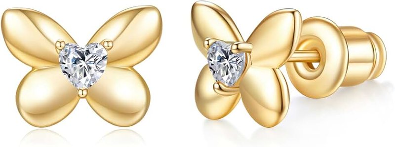 MINDDHA 14K/18K Gold Plated 925 Sterling Silver Post Butterfly Stud Earrings for Women and Girls | Earrings for Helix, Cartilage, Tragus, and Earlobe Piercings | Small, Lightweight, 7.6mm x 8.3mm