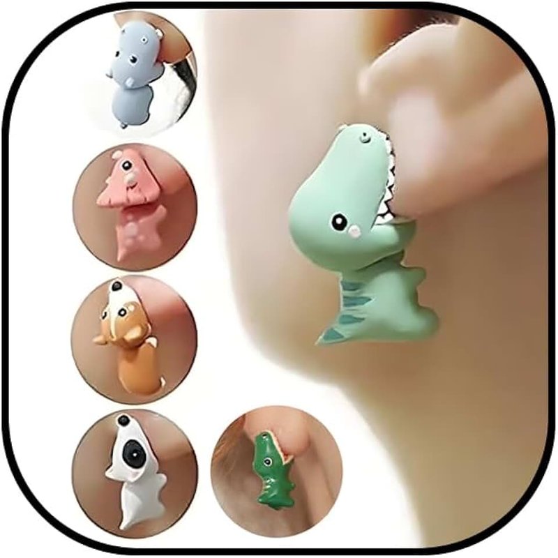 IQIC 6 Pairs Cute Animal Bite Earrings for Women Dinosaur Hot Balloon Dog Stud Earrings 3D Polymer Clay Earrings Handmade Cartoon Small Animal Earrings Set Animal Biting Earrings Jewelry