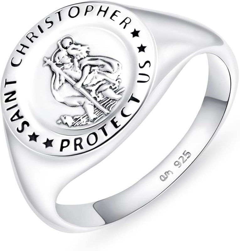 Amberta Solid 925 Sterling Silver Signet Ring for Men with Saint Christopher | Pinky Ring Men| Mens Signet Ring | Religious Signet Ring
