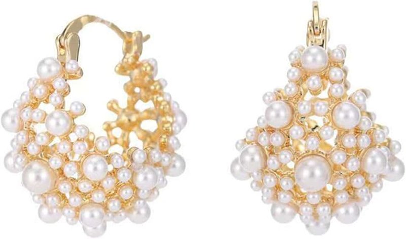 Pivza Pearl Chunky Gold Hoop Earrings for Women Trendy Stack Small Pearl Hoop Earrings, Medium, Brass, Pearl