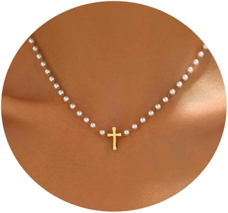 Nawflue Pearl Necklaces for Women 18K Gold Plated Dainty Cross Necklace Gold Flower Pearls Beaded Choker Necklace Trendy Stainless Steel Bridesmaid Wedding Jewelry
