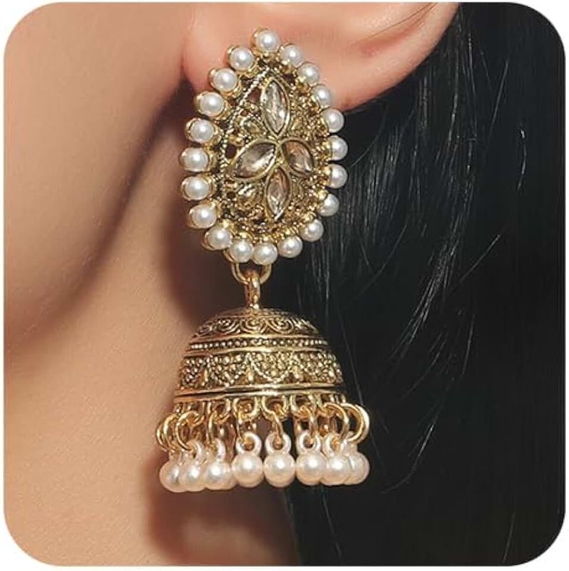 YUEKISEN Jhumka Indian Pearl Beaded Earrings Bohemian Crystal Chandelier Earrings Perfect for Ethnic Occasions Women