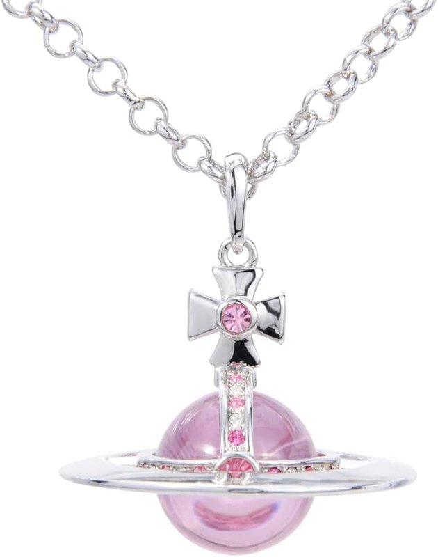 ZHAOZHAO Colorful Saturn Necklace for Women - Sky Star Saturn Planet Pendant with Crystals(Silver+Pink), Medium, Alloy Steel, Crystal