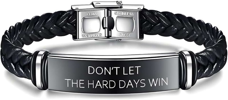 Someki Dont Let The Hard Days Win Bracelet, Adjustable Engraved Stainless Steel Black Leather Braided Bracelets Inspirational Little Words Project Bracelet Jewelry Gifts for Hard Times Men Son Husband