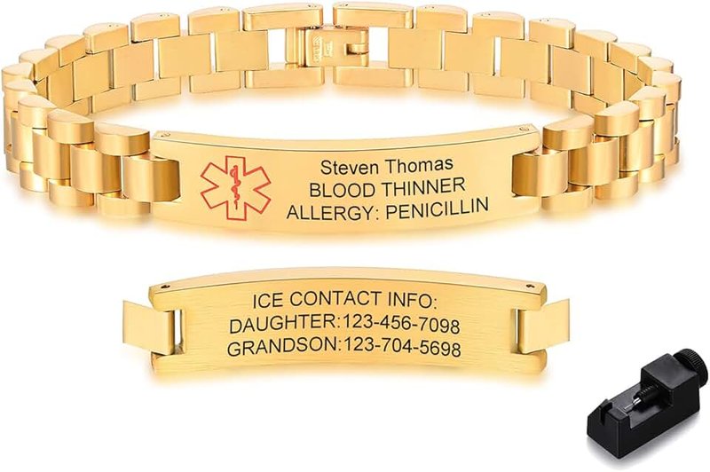 Gamtic Personalized Medical Alert Bracelets for Men-Stainless Steel Waterproof Medical ID Bracelets Customizable Medic Info, Medic Life Alert Bracelet Wristband Jewelry for Diabetic Epilepsy Allergy, 8.27
