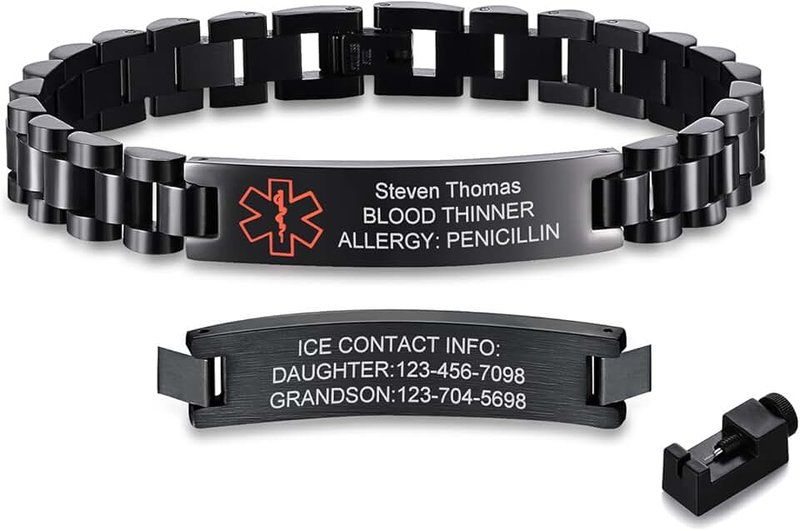 Gamtic Personalized Medical Alert Bracelets for Men-Stainless Steel Waterproof Medical ID Bracelets Customizable Medic Info, Medic Life Alert Bracelet Wristband Jewelry for Diabetic Epilepsy Allergy, 8.27