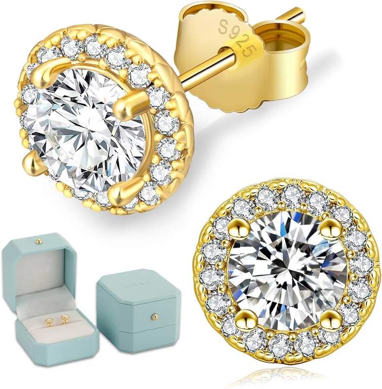 KRKCLIFE Moissanite Earrings, Diamond Stud Earrings For Women Men, White Gold Plated S925 Sterling Silver Earrings Stud, D Color VVS1, Brilliant Round Cut, Jewelry for Mom Wife Her(Halo), 1CT-2CT
