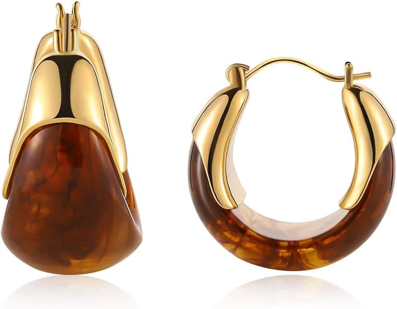 FOJDPAS 14k Gold Plated Amber Resin Hoop Earrings for Women Trendy, Hypoallergenic Chunky Gold Earrings Jewelry Gifts for Sensitive Earlobes