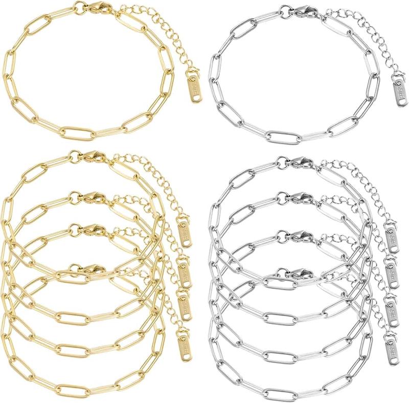 HUISUYTON 10PCS 18K Gold Plated 6.3Inch Paperclip Chain Bracelets Kit Stainless Steel Adjustable Charm Bracelets with Lobster Clasps for DIY Jewelry Making(Gold+Silver)