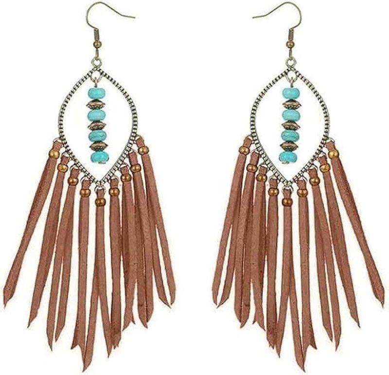 AGDGV Boho Western Leather Earrings for Women | Handmade Fringe Tassel Dangle Earrings with Turquoise Stone | Lightweight Statement Jewelry for Festival Rodeo Party