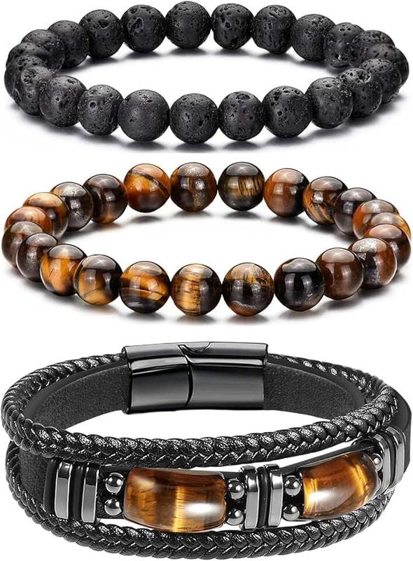 LOWNOUR Mens Bracelet Set Black Leather Bracelets for Men Tiger Eye Bracelet 8mm Lava Rock Beaded Bracelets Adjustable Stretch