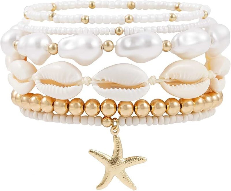 Pychee Summer Surfer Heishi Bracelet Set for Women Stackable Gold Plated Clay Ploymer Bead Stretch Pink Beach Layering Bracelets Jewelry