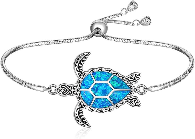 Fenthring Sea Turtle Bracelet for Women Blue Opal Turtle Bracelet Sterling Silver Adjustable Ocean Hawaiian Beach Turtles Jewelry Birthday Christmas Gifts for Women