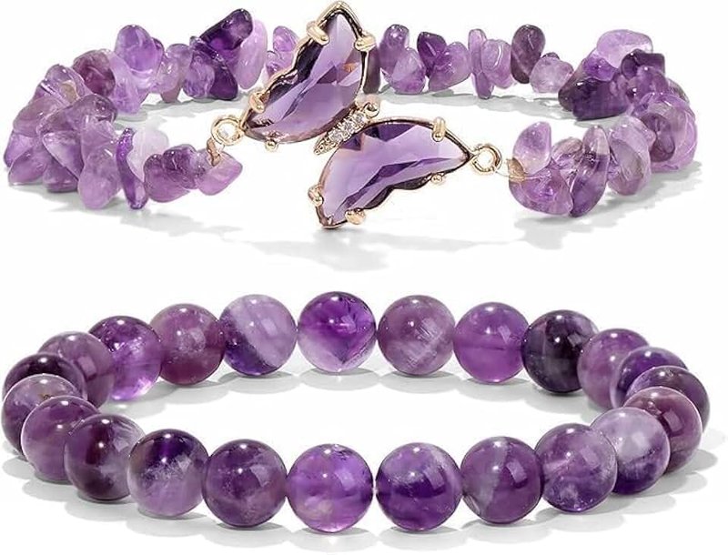 Xyzabcds Amethyst Bracelet For Women Anxiety Amethyst Beaded Bracelets Butterfly Charms Healing Stone Layered Bracelet Gifts For Women 2pcs