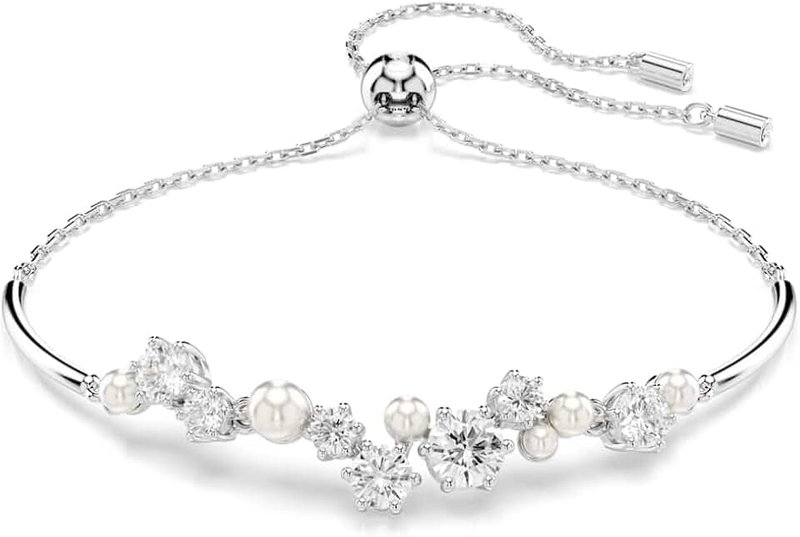 Swarovski Constella Bangle Bracelet, White Round Cut Crystals and Crystal Pearls in a Rhodium Plated Setting