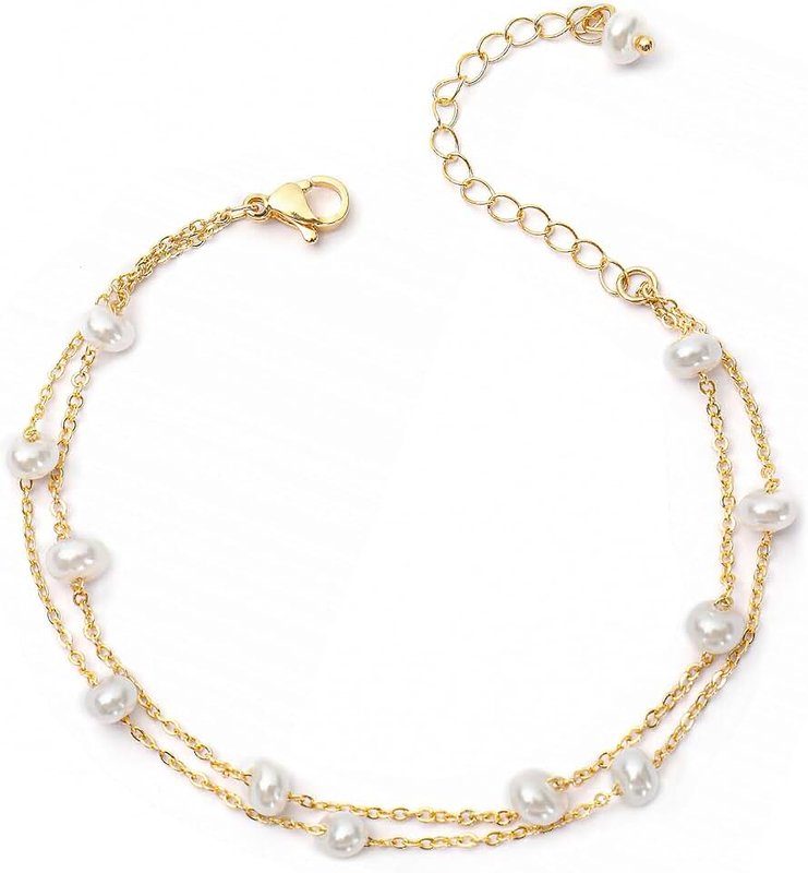 Besuraty Gold Pearl Bracelets for Women - Dainty 14K Gold Plated Pearls Bracelet Trendy Beaded Chain Jewelry Gifts for Women, Standard, Brass, Pearl