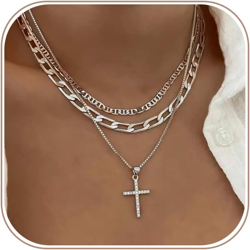 Pancert Layered Gold Necklaces for Women Dainty Gold Necklace 14k Gold Plated Cuban Pearl O Box Paper Clip Chain Circle Cross Fashion Pendant Necklaces Trendy Jewelry Set Simple Jewelry Gifts