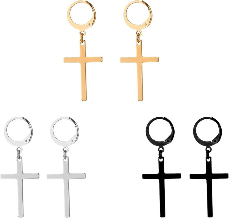 Mikovivi 6 Pairs of Cross Earrings, Stainless Steel Cross Earrings, Trendy Simple Hoop Earrings for Men, Women, Jewellery Gift (Silver, Black, Gold), 2,5 x 1,6 cm, Stainless Steel, No Gemstone