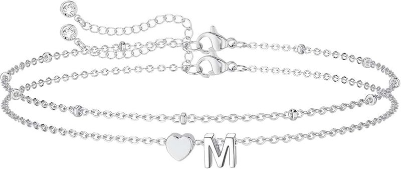IVELECT Layered Initial Bracelet for Women Girls, Silver Letter A-Z Heart Pendant Bracelet Bead Bracelet Personalized Monogram Charm Bracelet Birthday Gifts for Womens Teen Girls Jewelry
