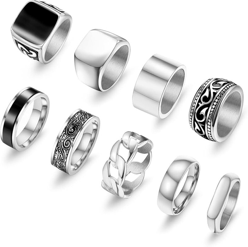 FEYIR 9 Pcs Men's Stainless Steel Vintage Signet Ring Square Pinky Thumb Chunky Thin Band Ring Cuban Link Ring Biker Rings Set for Men