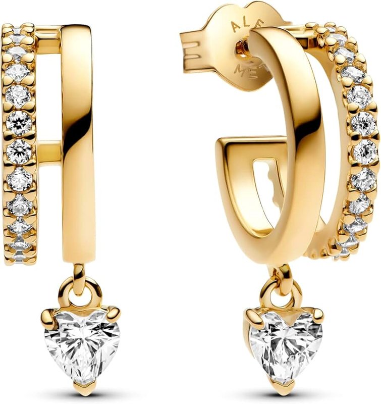 PANDORA Timeless 263685C01 Hanging Heart Hoop Earrings Made of Sterling Silver with Gold-Plated Metal Alloy and Zirconia, 13,1x19,5x6,2 mm, Sterling Silver, Cubic Zirconia