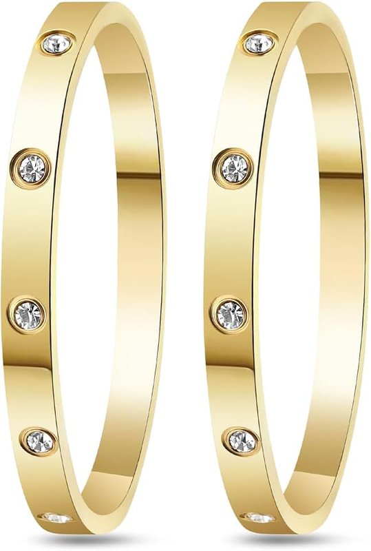 Kenizum 2Pcs 18K Gold-Plated Love Bangle Bracelets set for Women, Stainless Steel Cubic Zirconia Bangle Crystal Friendship Jewelry, Easter Wedding Birthday Gifts for Girlfriend, Wife, Monther