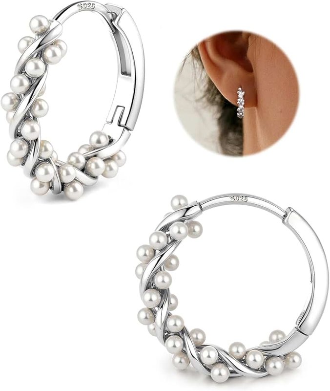 YADOCA Earrings Silver 925 Pearl Earrings, Twist Pearl Hoop Earrings for Women Teens Pearl Earrings Silver/Gold/Rose Gold Wedding Bridal Earring