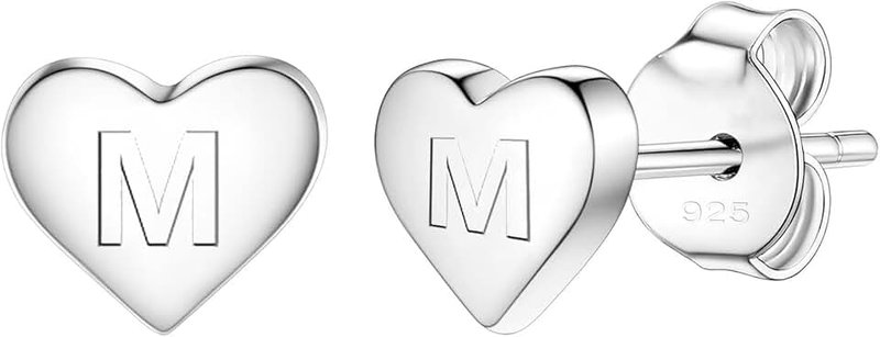 Bifriend Delicate S925 Silver Heart Pendant Earrings Gift 26 Letter Initial A-Z Stud Erarrings For Women Girls Mum Daughter Sisters Friends Lover Birthday Christmas Party Silver Jewellery