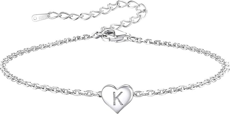 Bifriend Funny S925 Silver 26 Letter Initial A-Z Heart Pendant Bracelet Gift For Daughter Sisters Friends Mum Birthday Christmas Adjustable Jewellery
