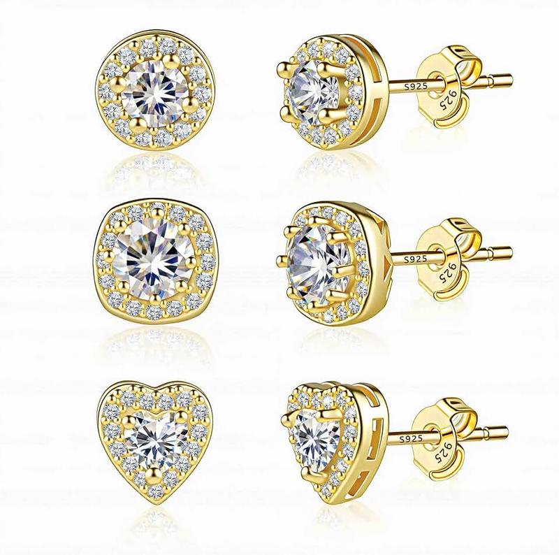 ALEXCRAFT Sterling Silver Stud Earrings for Women Girls Cubic Zirconia Halo Round Heart Square Diamond Large Silver Stud Set