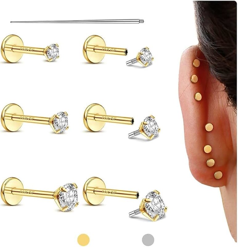 Kakonia Flat Back Earrings Studs - 14K Gold Filled Internal Thread 18G 16G Piercing Jewelry for Cartilage Helix Tragus Hypoallergenic Labret Lip Conch Nose 316L Stainless Steel Stud for Women Men