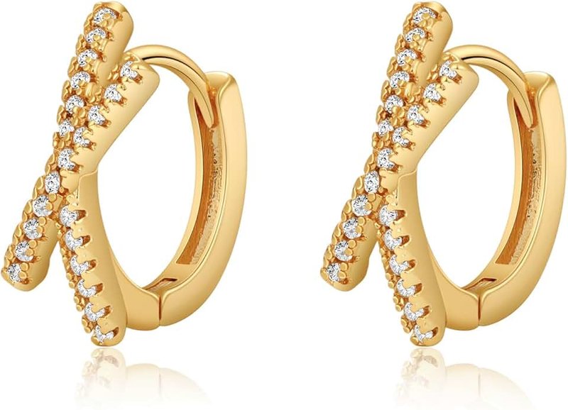 Sargetou Small Hoop Earrings for Women,14K Gold/Sterling Silver Plated CZ Huggie Earrings Simple Minimalism Earrings Stud Dainty Diamond Earrings