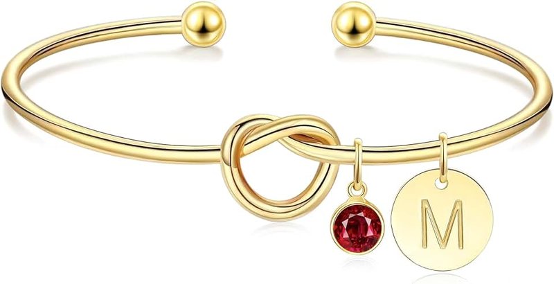 KOHOTA Initial Birthstone Gold Bracelet for Women Bridesmaid Proposal Gifts Tie the Love Knot Cuff Bangle Bracelet 14K Gold Plated Adjustable Birthstone Bracelet Personalized Initial Pendant Birthday Jewelry