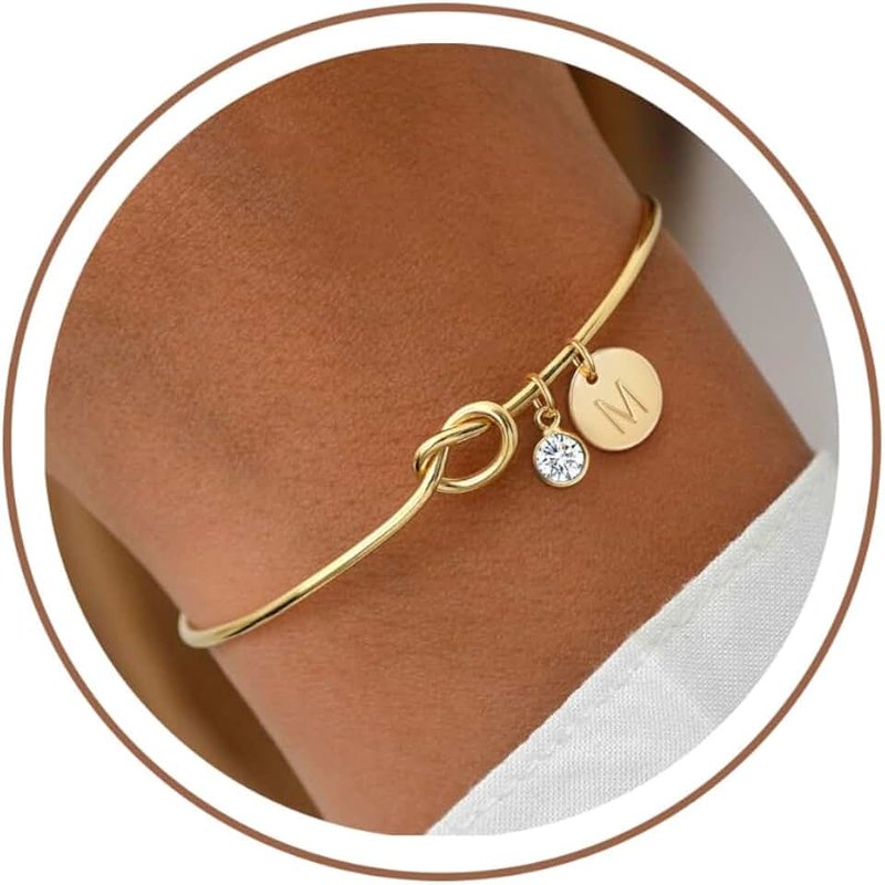 KOHOTA Initial Birthstone Gold Bracelet for Women Bridesmaid Proposal Gifts Tie the Love Knot Cuff Bangle Bracelet 14K Gold Plated Adjustable Birthstone Bracelet Personalized Initial Pendant Birthday Jewelry