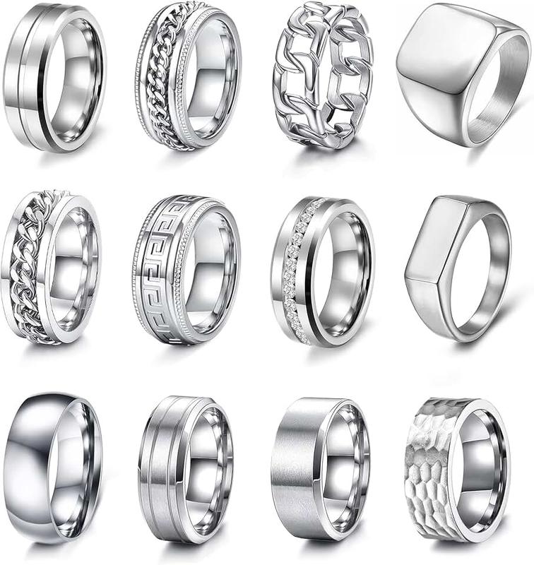 EIELO 12Pcs Rings for Men Stainless Steel Band Rings Square Signet Rings Pinky Thumb Ring Silver Chunky Thick Dome Band Cuban Link Chain Ring Simple Cool Wedding Finger Ring 7-14