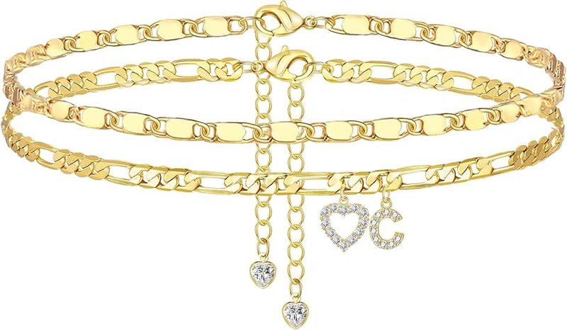YOFECIO Ankle Bracelets for Women,14K Gold Plated Initial Anklets Dainty Heart Letter Ankle Bracelets Layered Gold Anklets for Women Non Tarnish A to Z Summer Beach Jewelry