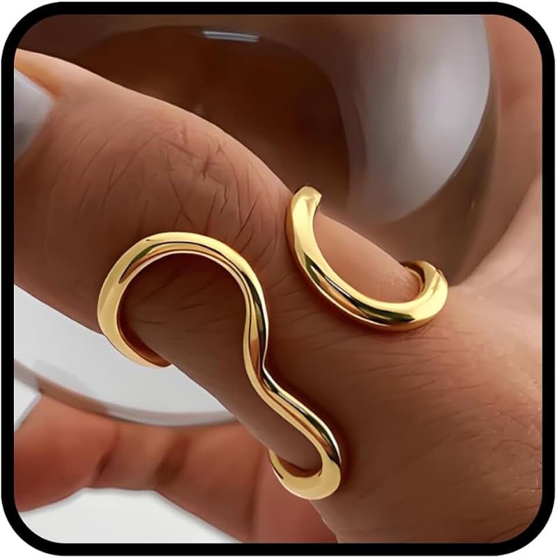 AIETUE Chunky Rings For Women, Gold Silver Thumb Ring Asymmetrical Wavy Curve Ring Adjustable Non Tarnish Dainty Stainless Steel New Year Anniversary Birthday Jewelry Gift