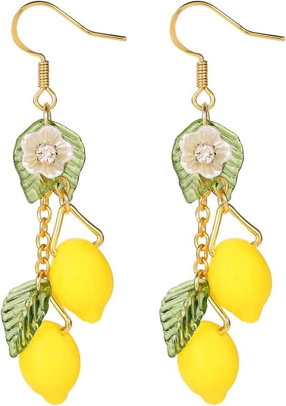 Mikovivi Lemon Hook Earrings, Yellow Resin Sweet Dangle Drop Lime Fruit Food Earring, Dainty Cute Lemon Accessories, Copper, Prong Setting, French Wire Back, 2.6 Inch