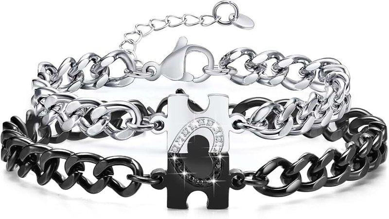 FLHEART Matching Bracelets for Couples - Long Distance Relationship Gifts Stainless Steel Couple Bracelets for Women Men, His Hers Bracelets for Boyfriend Girlfriend Lover Husband Valentine's Day Promise Gift